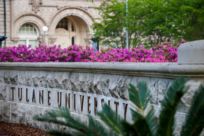 Tulane University stone sign in front of Gibson Hall