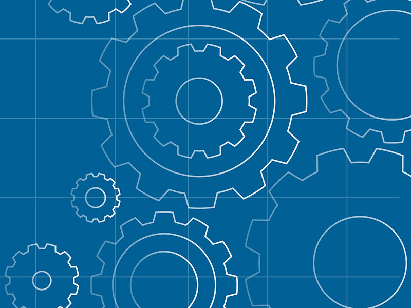 Graphic of gears outlined on blue grid background.