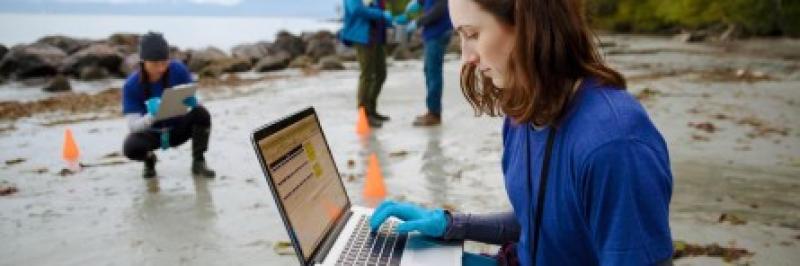 Scientific writing and publishing scientist on a beach writing on a laptop